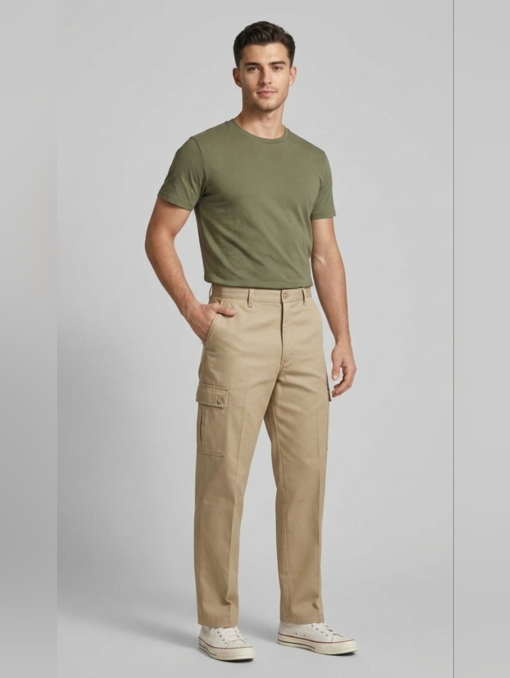 Men's Tan Cargo Pants with Button Flap Pockets